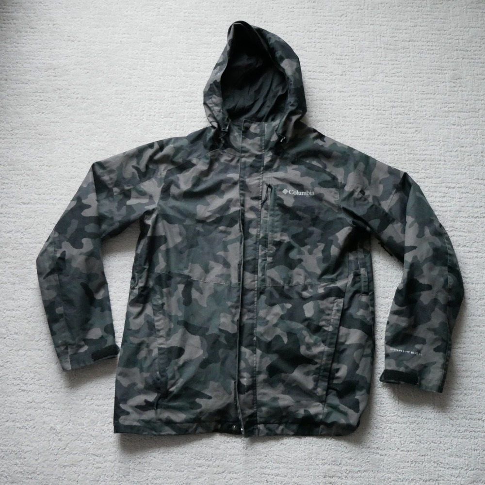 Columbia Omni-Tech Mens Camo Hooded Ski Jacket Green Grey Shell Medium
